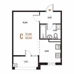 ЖК «Новое Летово», планировка студии, 33.50 м²