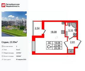 ЖК «Парадный ансамбль», планировка студии, 23.99 м²