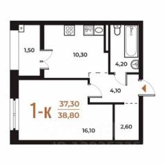 ЖК «Новое Летово», планировка 1-комнатной квартиры, 38.80 м²