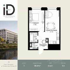 ЖК «ID Petrogradskaya», планировка 1-комнатной квартиры, 38.49 м²