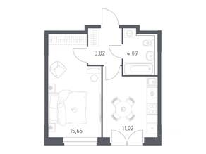 ЖК «Квартал Западный», планировка 1-комнатной квартиры, 34.58 м²