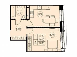 ЖК «7 небо», планировка 1-комнатной квартиры, 40.10 м²