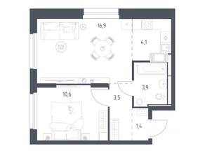 ЖК «Мытищи Парк», планировка 1-комнатной квартиры, 39.90 м²
