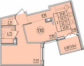 МЖК «Образцовый квартал 17», планировка 2-комнатной квартиры, 59.73 м²
