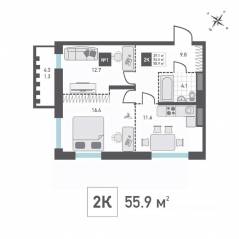 ЖК «Зеленоград Ривьера», планировка 2-комнатной квартиры, 55.90 м²