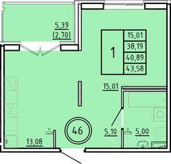 МЖК «Образцовый квартал 16», планировка 1-комнатной квартиры, 38.19 м²