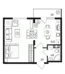 МЖК «Верево-Сити», планировка 1-комнатной квартиры, 42.11 м²