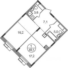 ЖК «Резиденции Сколково», планировка 1-комнатной квартиры, 49.10 м²