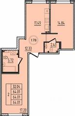 МЖК «Образцовый квартал 14», планировка 2-комнатной квартиры, 64.01 м²