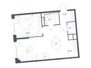 ЖК «Квартал на воде», планировка 1-комнатной квартиры, 60.11 м²