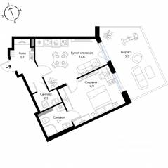 МЖК «Экография», планировка 1-комнатной квартиры, 43.90 м²
