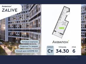 ЖК «Аквилон ZALIVE», планировка студии, 34.30 м²