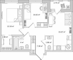 ЖК «Мурино Space», планировка 2-комнатной квартиры, 53.30 м²