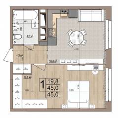 ЖК «Гранд Комфорт», планировка 1-комнатной квартиры, 45.00 м²