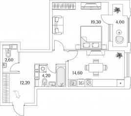 ЖК «Тайм Сквер», планировка 1-комнатной квартиры, 54.90 м²