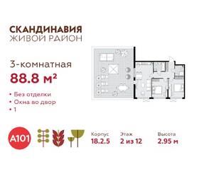 ЖК «Скандинавия», планировка 3-комнатной квартиры, 88.80 м²