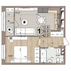 ЖК «Гранд Комфорт», планировка 1-комнатной квартиры, 42.00 м²