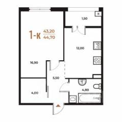 ЖК «Новое Летово», планировка 1-комнатной квартиры, 44.70 м²