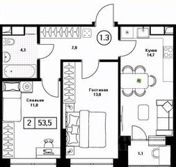 ЖК «Пушкино Град», планировка 2-комнатной квартиры, 53.50 м²