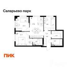 ЖК «Саларьево парк», планировка 3-комнатной квартиры, 72.40 м²