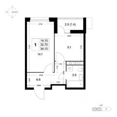 ЖК «Легенда Коренево», планировка 1-комнатной квартиры, 34.00 м²