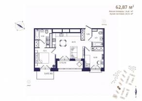 ЖК «Ranta Residence», планировка 2-комнатной квартиры, 62.87 м²