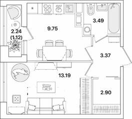 ЖК «Академик», планировка 1-комнатной квартиры, 33.82 м²