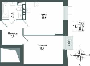 ЖК «Киноквартал», планировка 1-комнатной квартиры, 38.50 м²