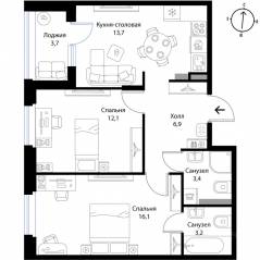 МЖК «Экография», планировка 2-комнатной квартиры, 57.30 м²