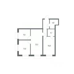 ЖК «Парусная 1», планировка 3-комнатной квартиры, 75.40 м²