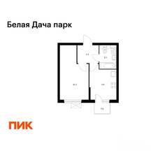 ЖК «Белая Дача парк», планировка 1-комнатной квартиры, 33.80 м²