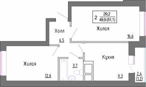 МЖК «Новое Замитино», планировка 2-комнатной квартиры, 50.40 м²