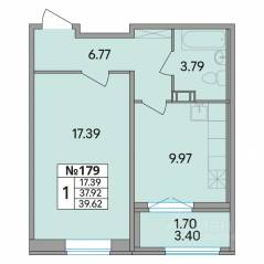 ЖК «Рождественский квартал», планировка 1-комнатной квартиры, 39.62 м²