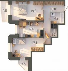 ЖК «Советская 18», планировка 2-комнатной квартиры, 72.60 м²