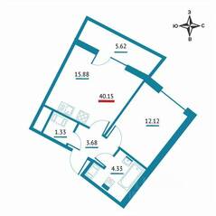 ЖК «Левитан», планировка 1-комнатной квартиры, 40.15 м²