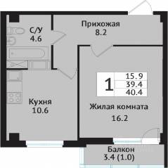 ЖК «Южная звезда», планировка 1-комнатной квартиры, 42.30 м²
