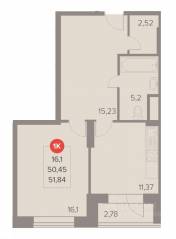 ЖК «Отлично», планировка 1-комнатной квартиры, 51.84 м²
