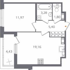 ЖК «Б15», планировка 1-комнатной квартиры, 43.83 м²