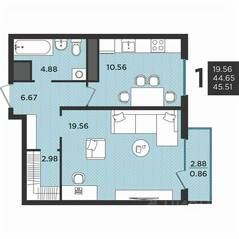 МЖК «Новокасимово», планировка 1-комнатной квартиры, 45.60 м²