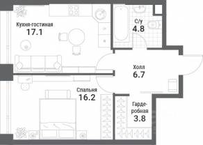 ЖК «Nagatino i-Land», планировка 1-комнатной квартиры, 48.60 м²