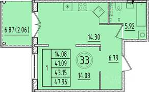 МЖК «Образцовый квартал 17», планировка 1-комнатной квартиры, 41.09 м²