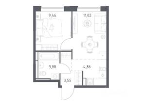 ЖК «Прибрежный Парк», планировка 1-комнатной квартиры, 32.77 м²