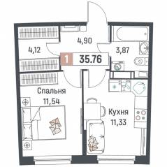 ЖК «Авиатор» (Девяткино), планировка 1-комнатной квартиры, 35.76 м²