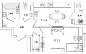 ЖК «Кинопарк», планировка 1-комнатной квартиры, 38.80 м²