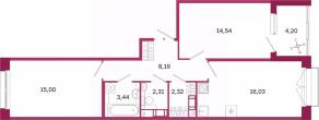 ЖК «Дом на Курской», планировка 2-комнатной квартиры, 63.93 м²