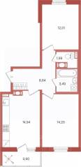 ЖК «Патио», планировка 2-комнатной квартиры, 57.22 м²