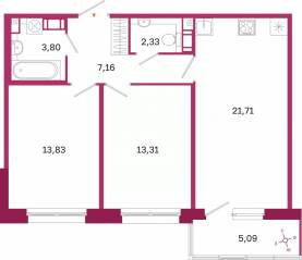 ЖК «Дом на Курской», планировка 2-комнатной квартиры, 63.67 м²
