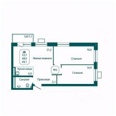 ЖК «Андреевка LIFE», планировка 2-комнатной квартиры, 69.10 м²