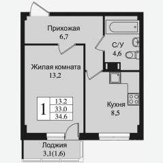 ЖК «Южная заря», планировка 1-комнатной квартиры, 36.20 м²