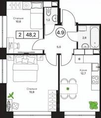 ЖК «Пушкино Град», планировка 2-комнатной квартиры, 48.20 м²